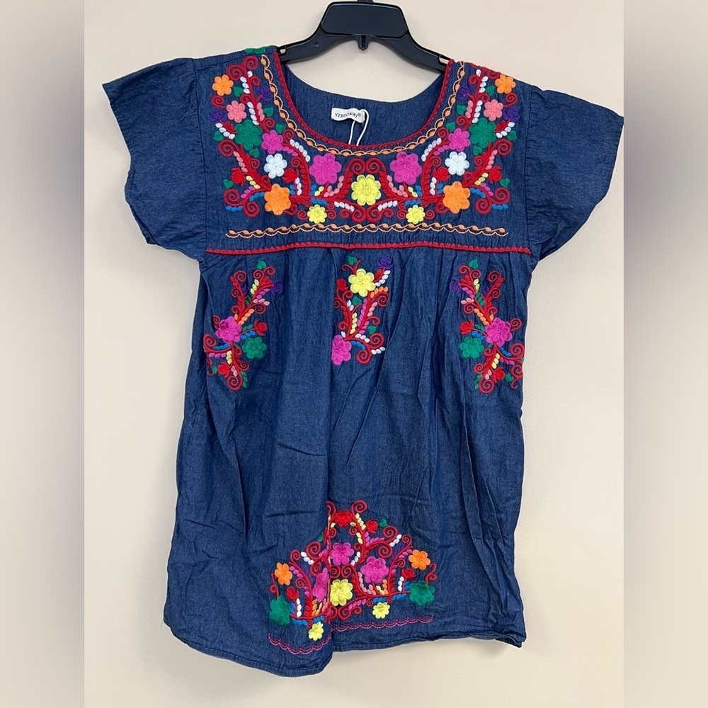 Embroidered Denim Dress with Colorful Floral Design
